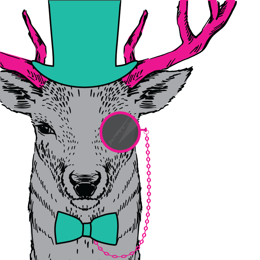Hill Country Pediatric Dentistry and orthodontics Dental animated character gray color elk with hot pink colored antlers, wearing teal colored high hat and a bow tie and a hot pink color single spectacle on a hot pink chain connected to the bow tie is covering it's left eye