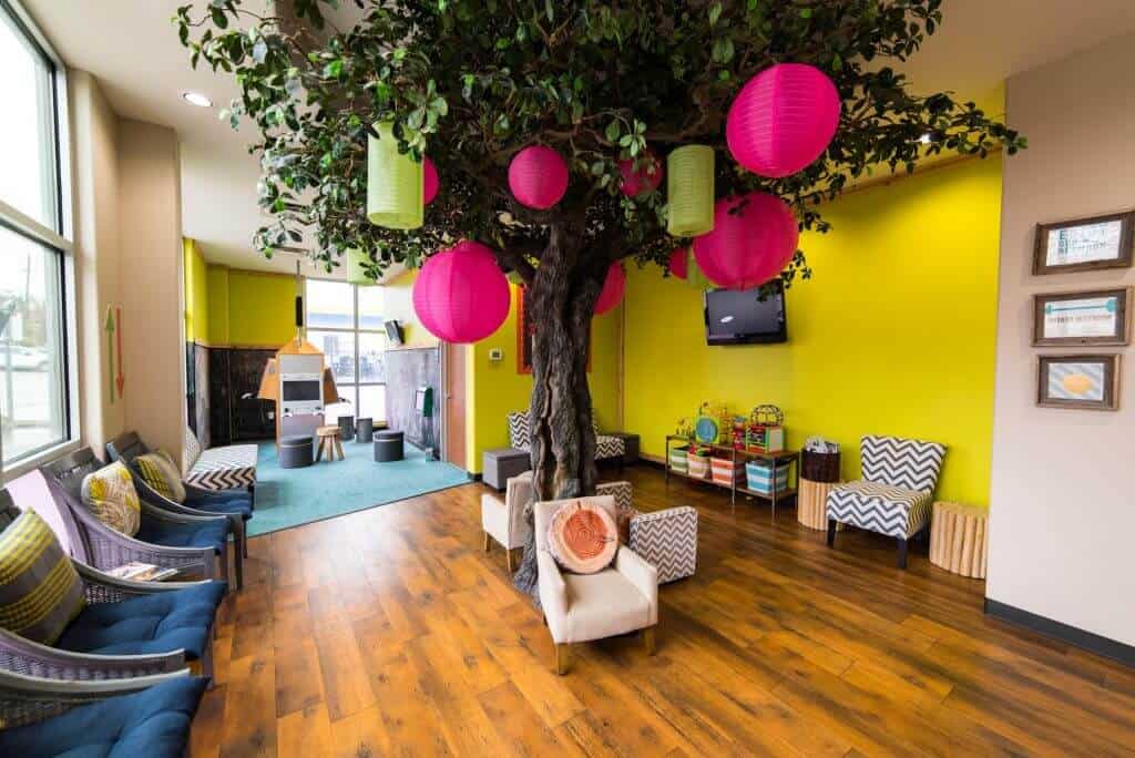 Hill Country Pediatric Dentistry and orthodontics Dental office waiting room and kids play area over view with the big tree with hot pink colored Chinese lamp balls hanging from it in the center of the room chairs in white upholstery around the tree trunk, white rattan chairs with blue seat cushions and lime green back cushion on the left side, a rack with striped design colored bins and activities and toys to the right, and at the far end the game room with blue area rug is visible some walls are colored bright yellow 